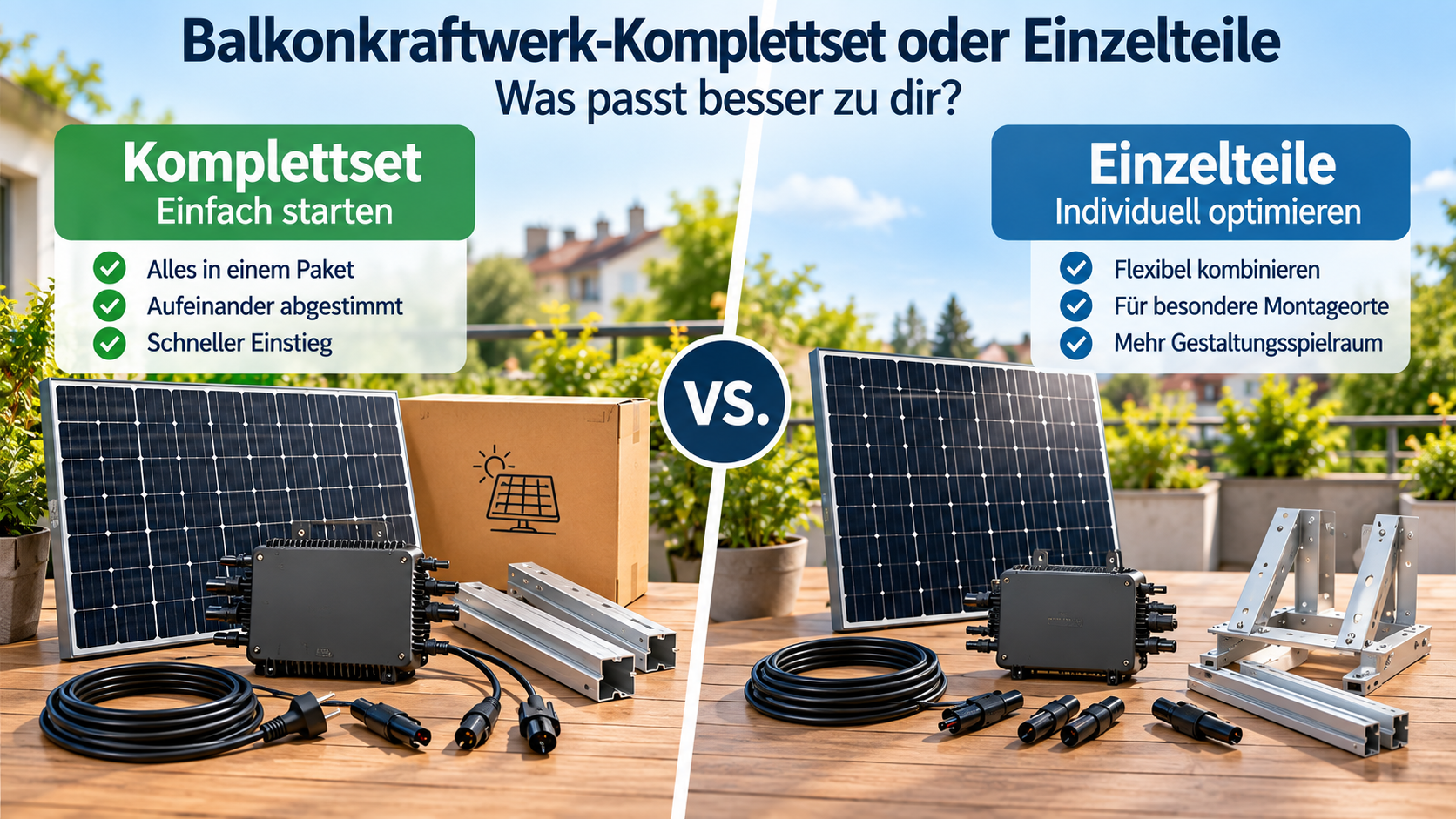 Vergleich zwischen Balkonkraftwerk-Komplettset und einzeln zusammengestellten Komponenten