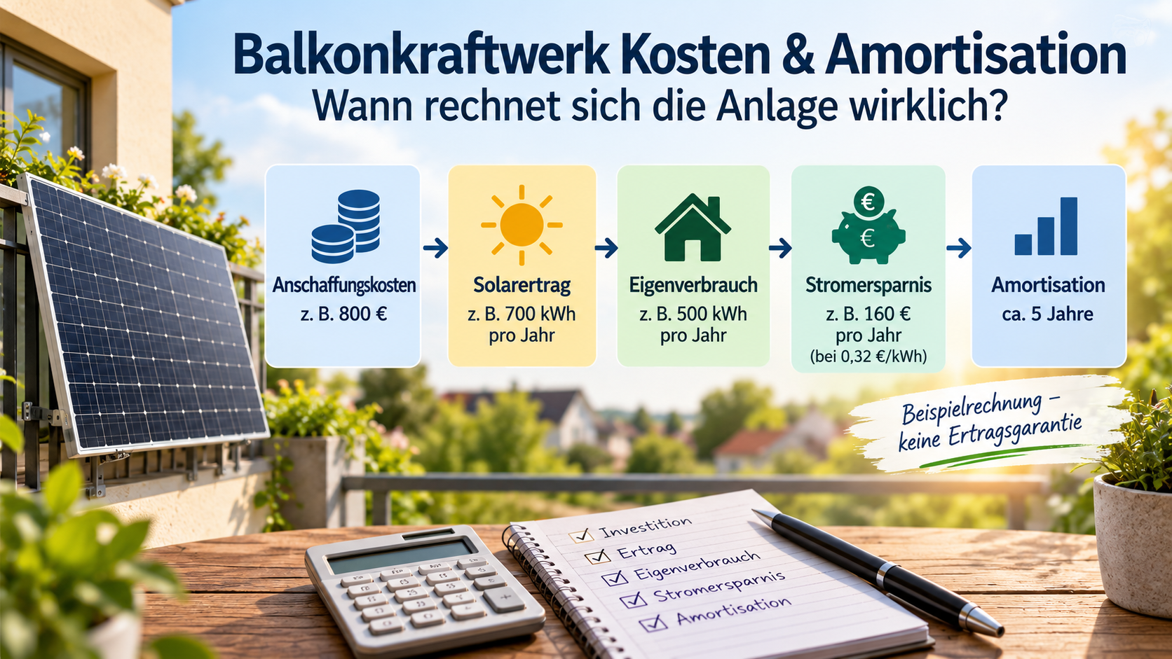 Schema zur Berechnung von Kosten, Eigenverbrauch, Stromersparnis und Amortisation eines Balkonkraftwerks