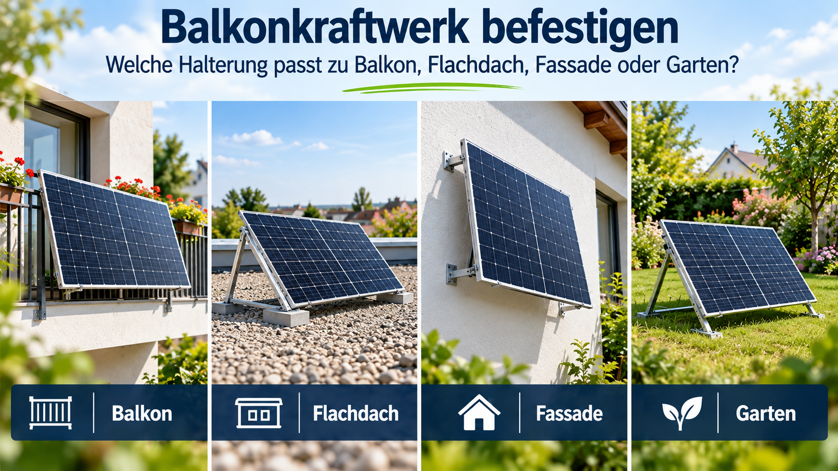 Verschiedene Befestigungsarten für ein Balkonkraftwerk an Balkon, Flachdach, Fassade und im Garten