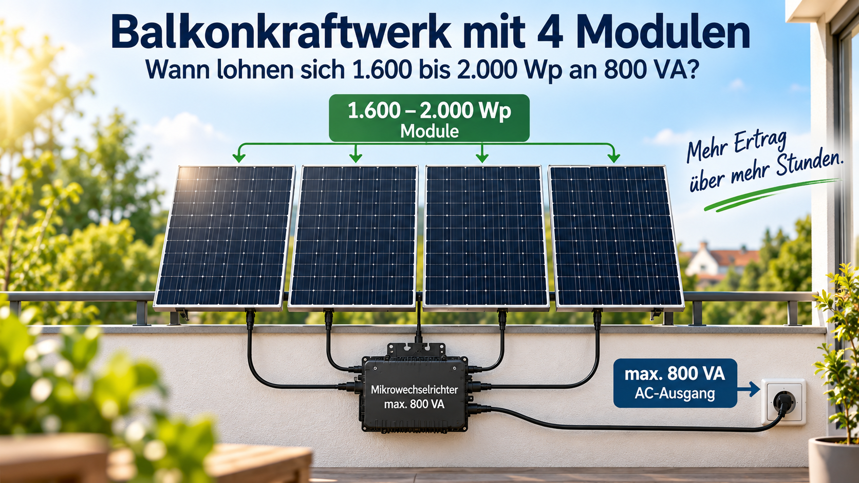 Vier Solarmodule eines Balkonkraftwerks an einem Wechselrichter mit maximal 800 VA Ausgangsleistung