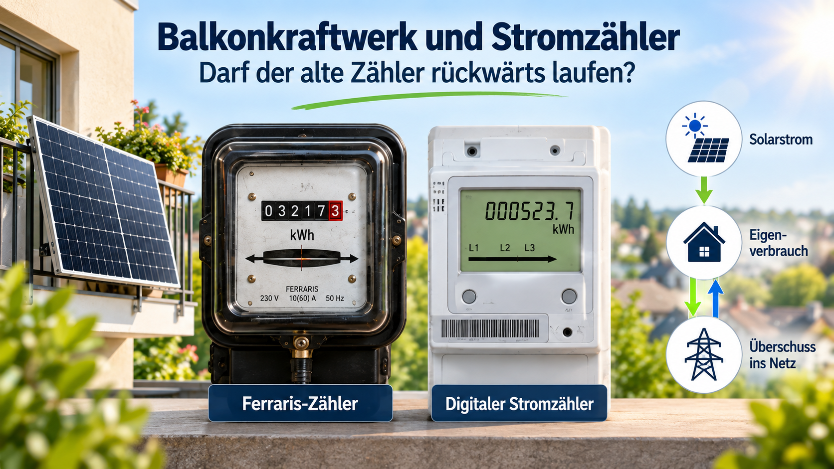 Ferraris-Stromzähler und digitaler Stromzähler bei einem Balkonkraftwerk