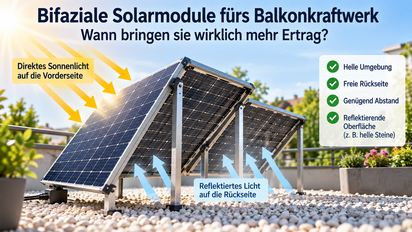 Bifaziales Solarmodul mit direktem Licht auf der Vorderseite und reflektiertem Licht auf der Rückseite